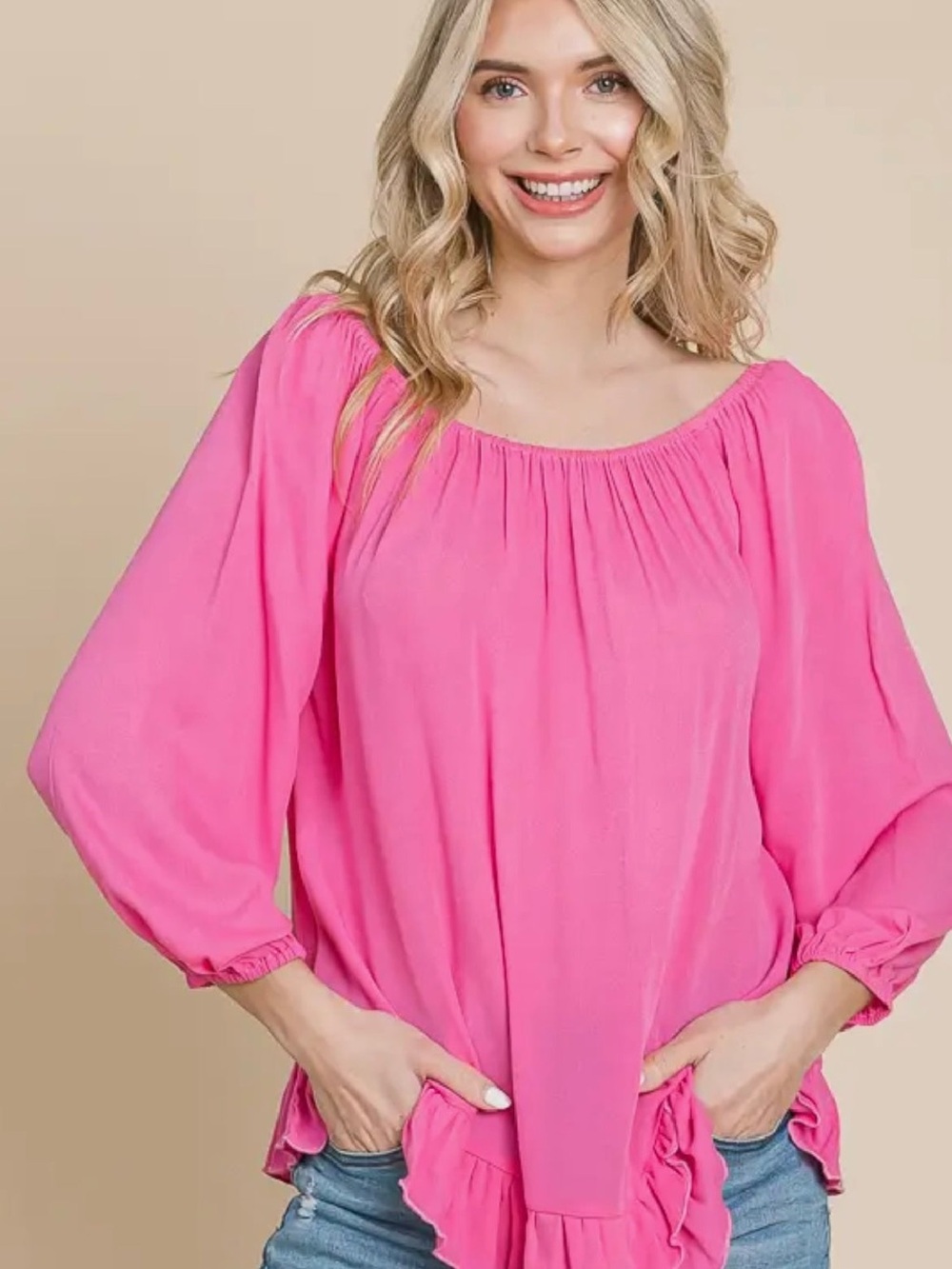 018. Women’s Convertible Off Shoulder Ruffle Hem Blouse, Flamingo Pink, Various
